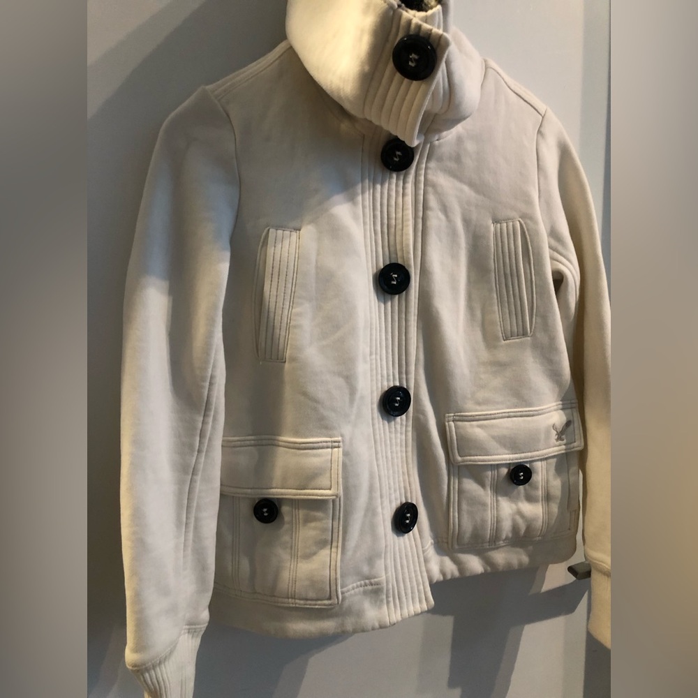 American Eagle Outfitters Cream Bomber Jacket with Black Plaid Collar - Picture 3 of 13